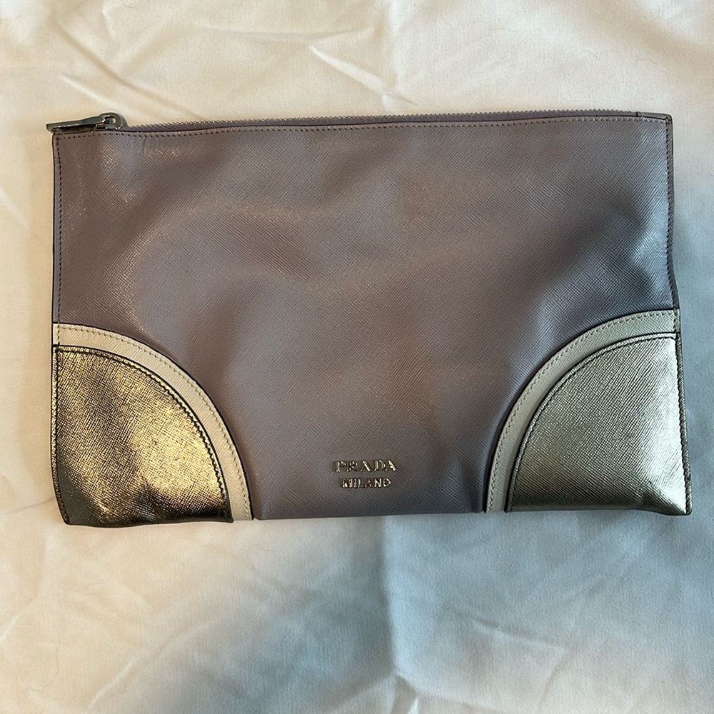 Prada Clutch Bag Saffiano Leather Purple Silver